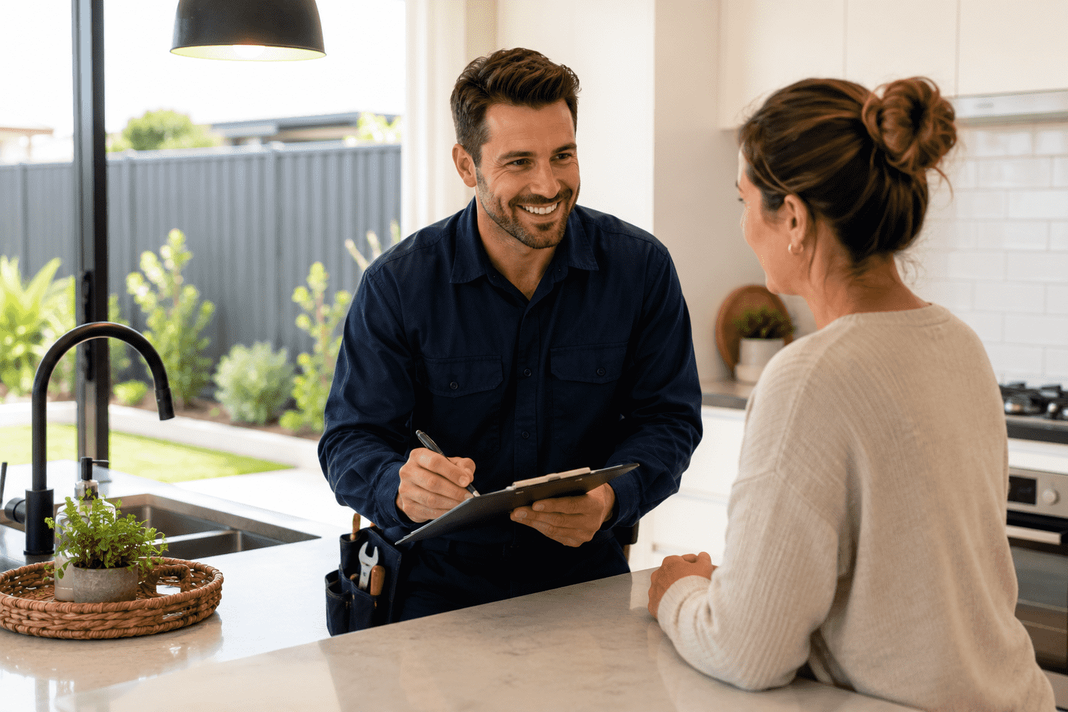 contact your local alkimos plumber today Handyman discussing repairs with homeowner in kitchen