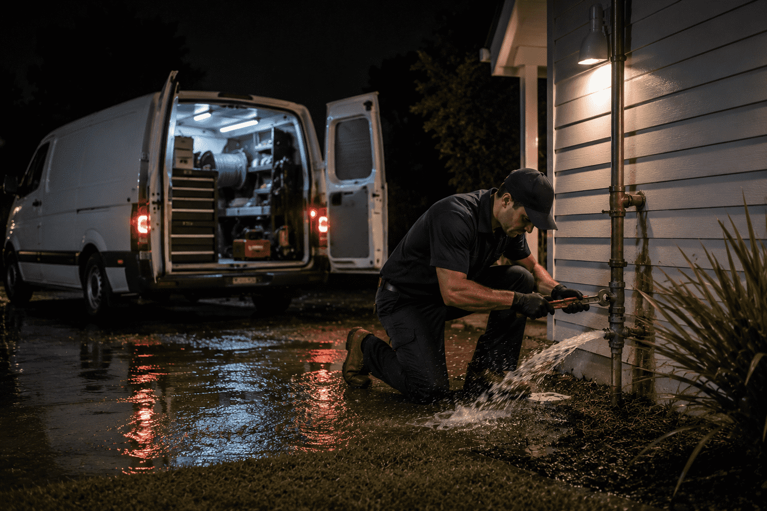 Emergency Plumber Carabooda: 24/7 Service Plumber repairing leaking outdoor pipe at night