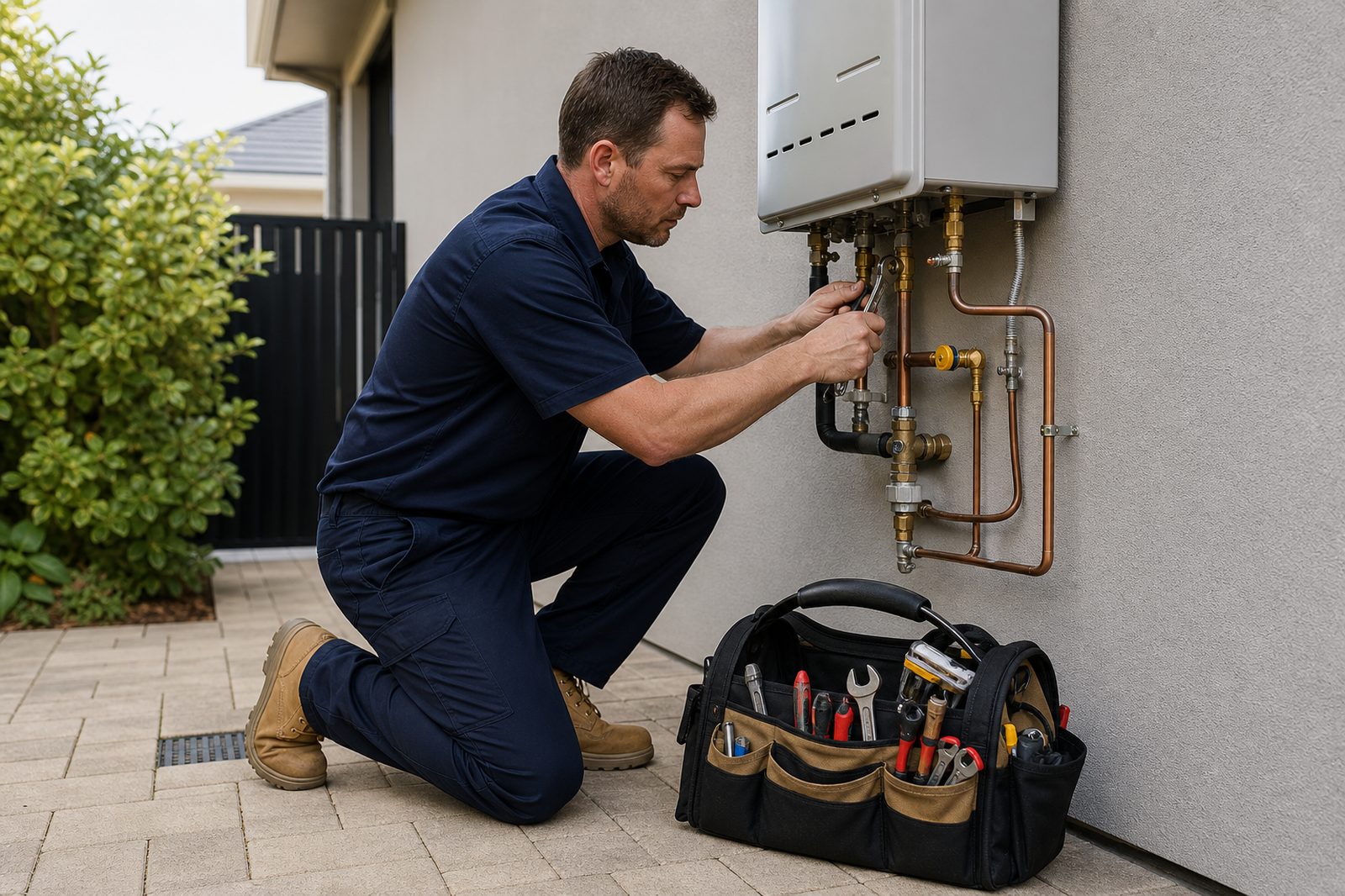 Plumber repairing an external gas hot water system at a Quinns Rocks house Plumber repairing an external gas hot water system at a Quinns Rocks house