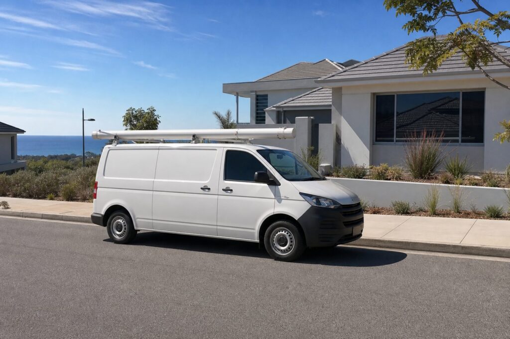 Plumbing service van parked in a new coastal estate street in Eglinton Plumbing service van parked in a new coastal estate street in Eglinton