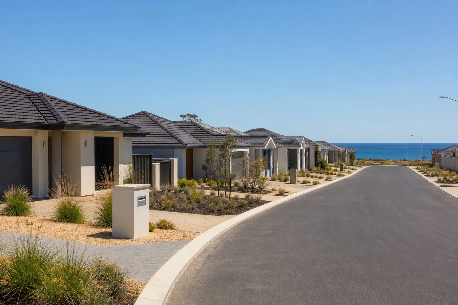 New coastal housing estate street in Eglinton with limestone verges New coastal housing estate street in Eglinton with limestone verges