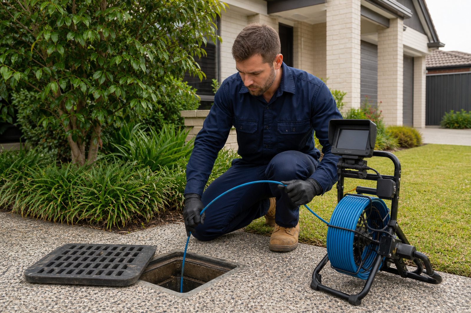 Lakeside Plumbing & Gas plumber using a CCTV drain camera at a Jindalee home Lakeside Plumbing & Gas plumber using a CCTV drain camera at a Jindalee home