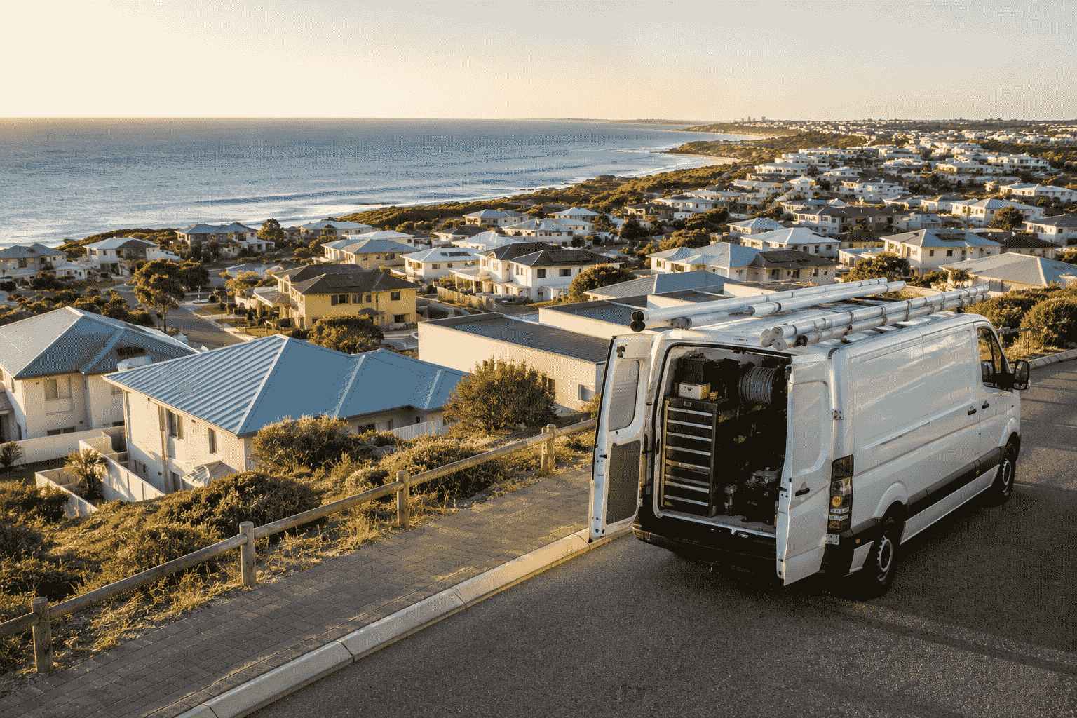 servicing alkimos and beyond Utility van overlooking coastal neighborhood at sunset