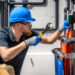 Technician adjusting plumbing system with wrench indoors
