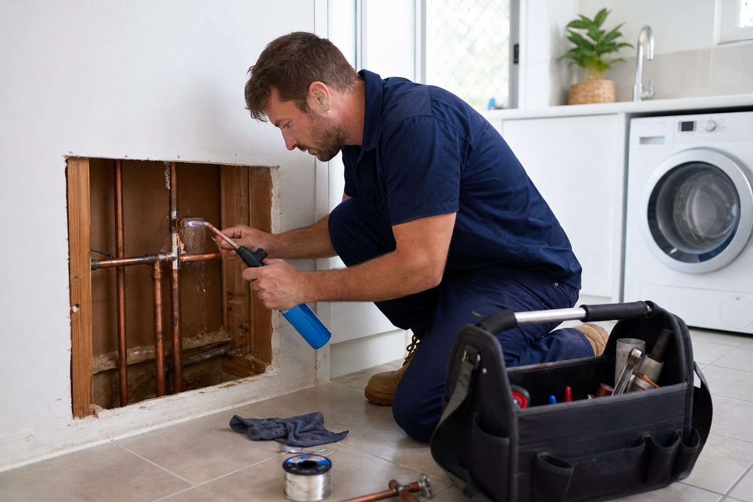 Emergency plumber repairing a burst copper pipe in a Yanchep laundry Emergency plumber repairing a burst copper pipe in a Yanchep laundry