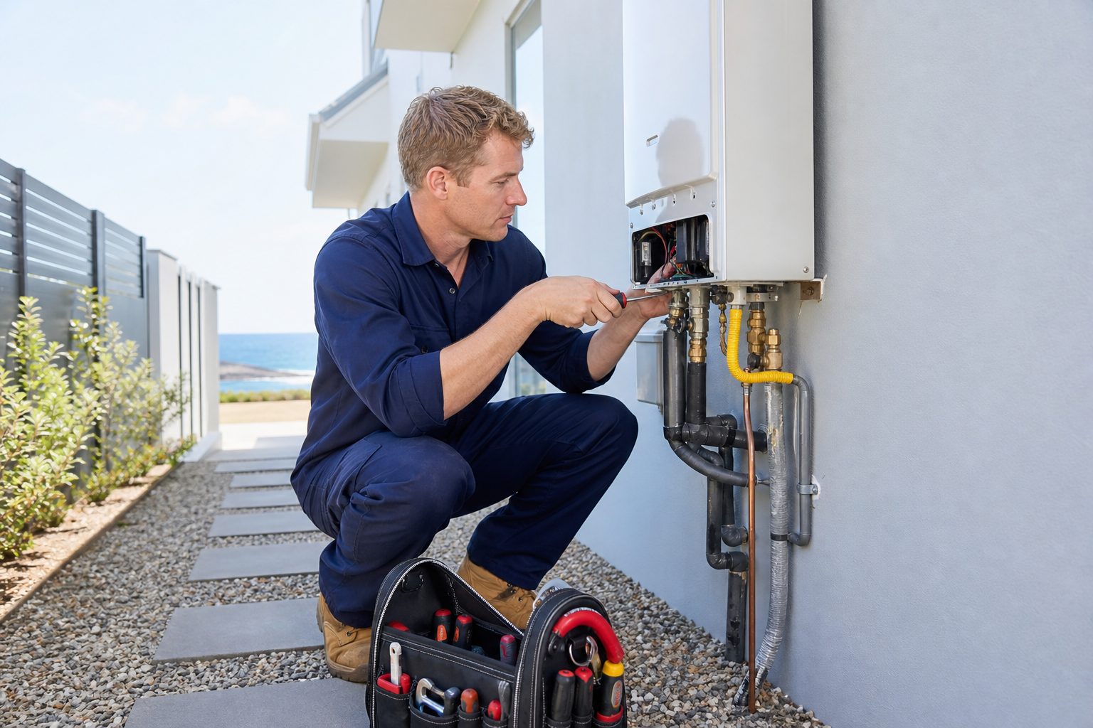 Plumber servicing an exterior gas hot water unit at a Yanchep home Plumber servicing an exterior gas hot water unit at a Yanchep home