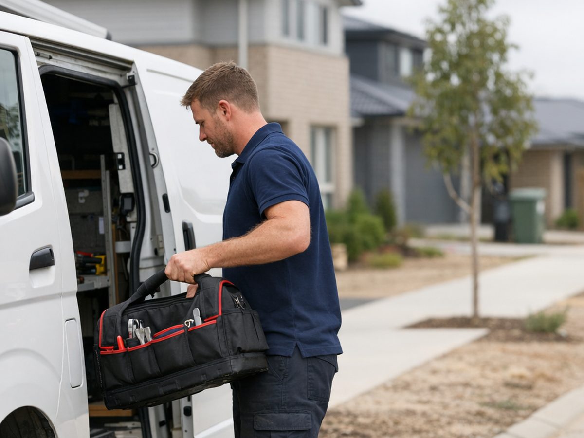 Plumber taking tools from a service van in a newer Butler housing estate Plumber taking tools from a service van in a newer Butler housing estate