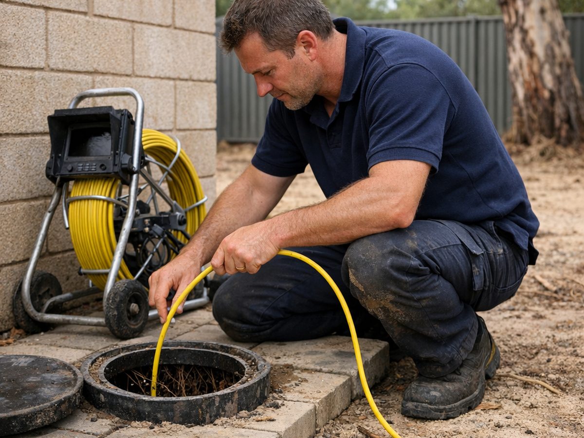 Plumber running a CCTV drain camera into a root-blocked sewer line at a Currambine home
