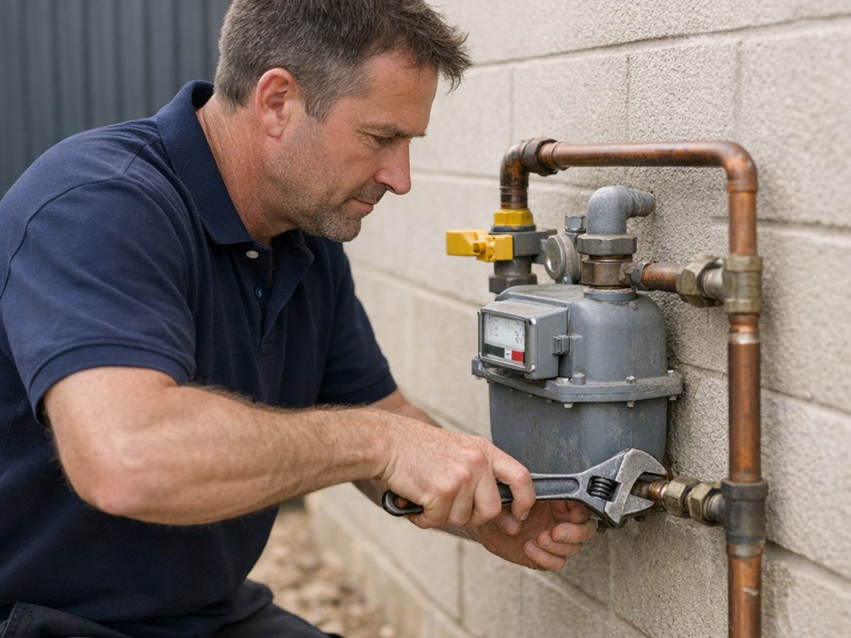 Licensed gas fitter working on the gas meter at a Currambine home