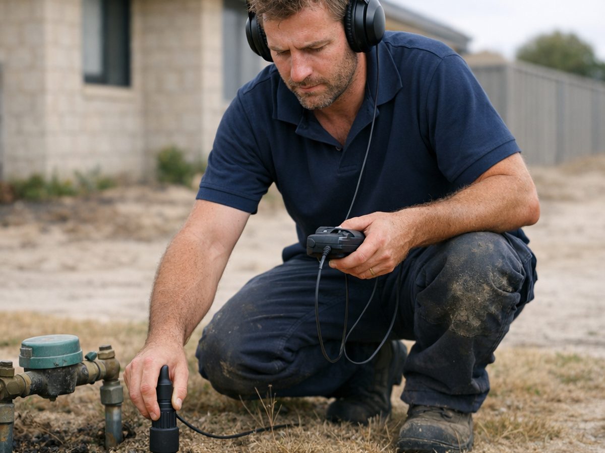 Plumber using acoustic leak detection equipment beside a water meter at a Currambine home