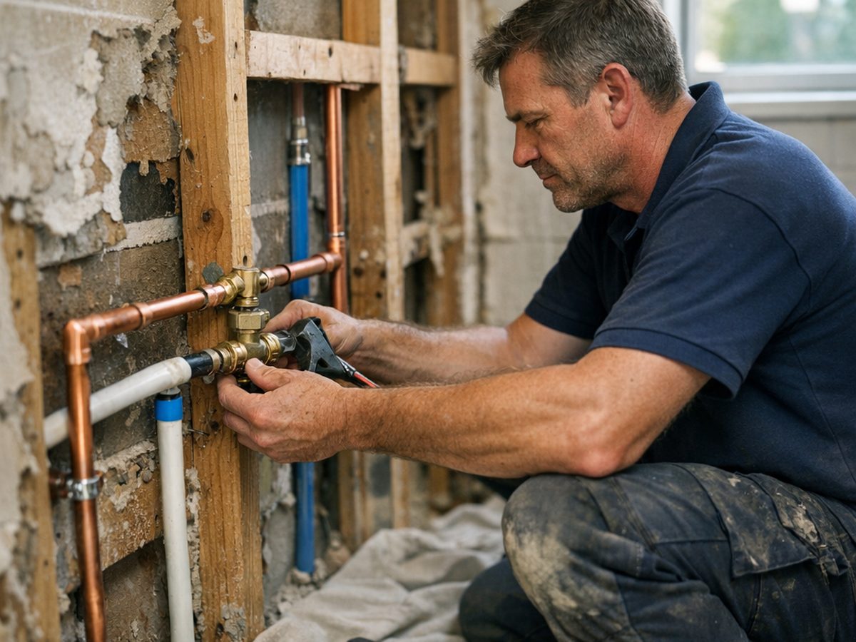 Plumber fitting new pipework in an open wall during a Currambine bathroom renovation